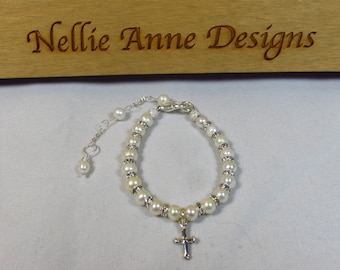 Pearl Baby Bracelet: Sterling Silver Cross, Swarovski Crystals