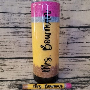 Teacher Pencil Tumbler with matching pencil pen, glitter epoxied tumbler and pen, back to school, teacher gift
