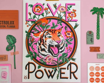 A3 Love is Power, Tiger Risograph Print