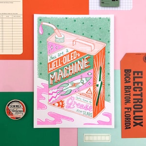 A5 Grease your Zahnräder Risograph Print, Ölkanne Wandkunst