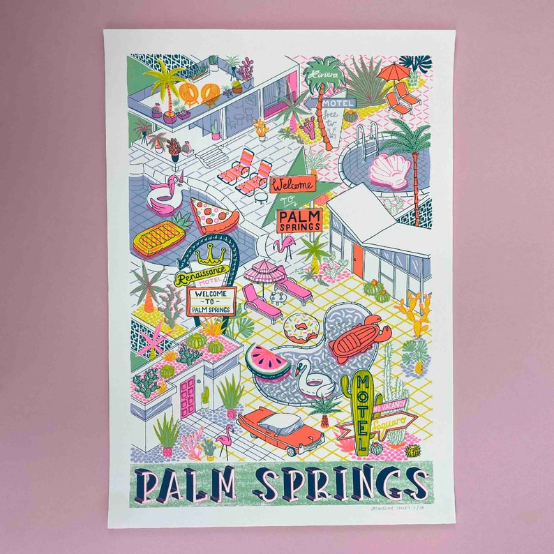 May include: A colorful illustration of a Palm Springs motel scene with a swimming pool, palm trees, and a car. The text "Welcome to Palm Springs" is featured on a sign.