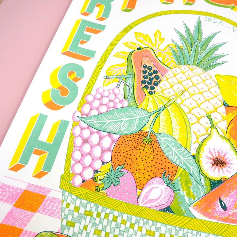 May include: A colorful illustration of a basket overflowing with fresh fruit, including pineapple, papaya, grapes, strawberries, and a watermelon. The text "FRESH" is written in a bold, stylized font above the basket.
