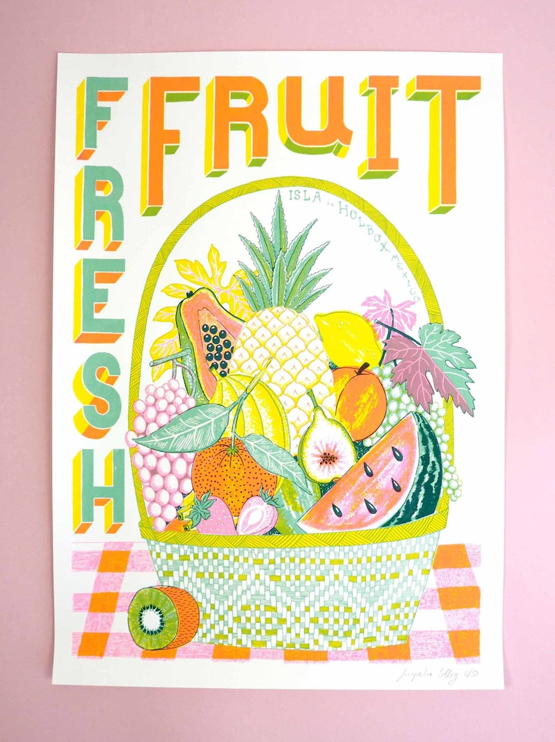 May include: A colorful illustration of a basket overflowing with fresh fruit. The basket is filled with a variety of fruits, including pineapple, papaya, watermelon, grapes, lemons, and figs. The text "FRESH FRUIT" is written in large, bold letters above the basket. The text "ISLA..." is written in smaller letters below the basket.