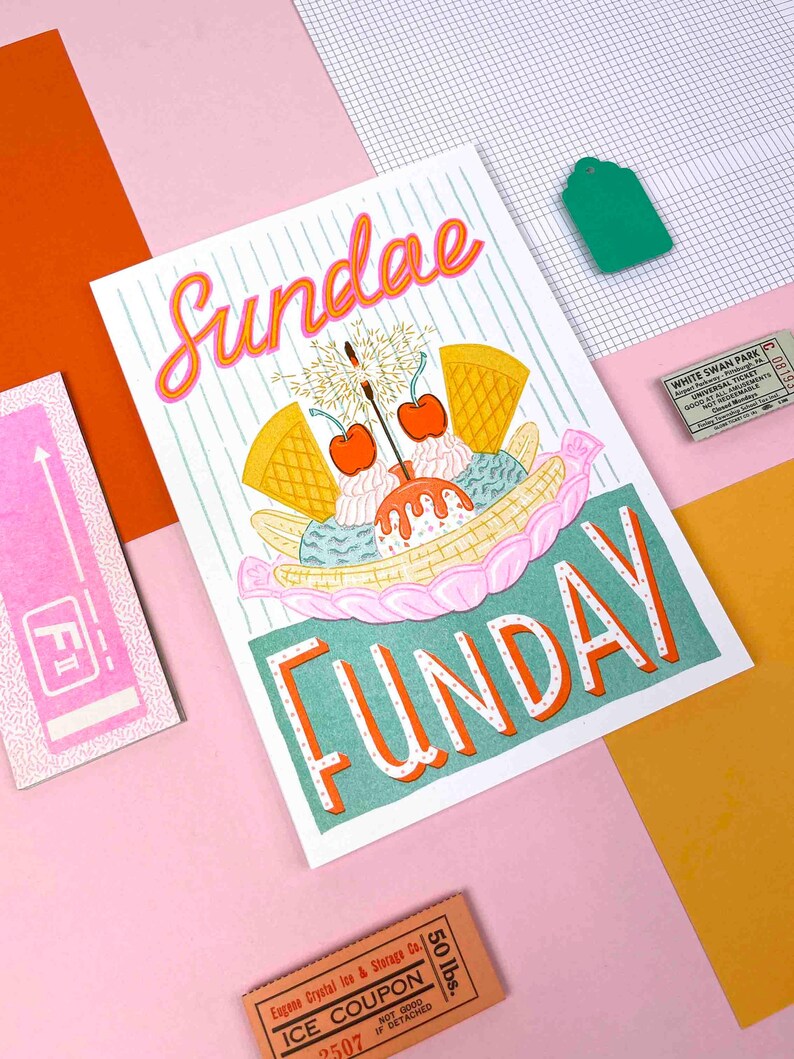 Sundae Lettering Sundae Funday - Ice Cream Risograph Print - Etsy