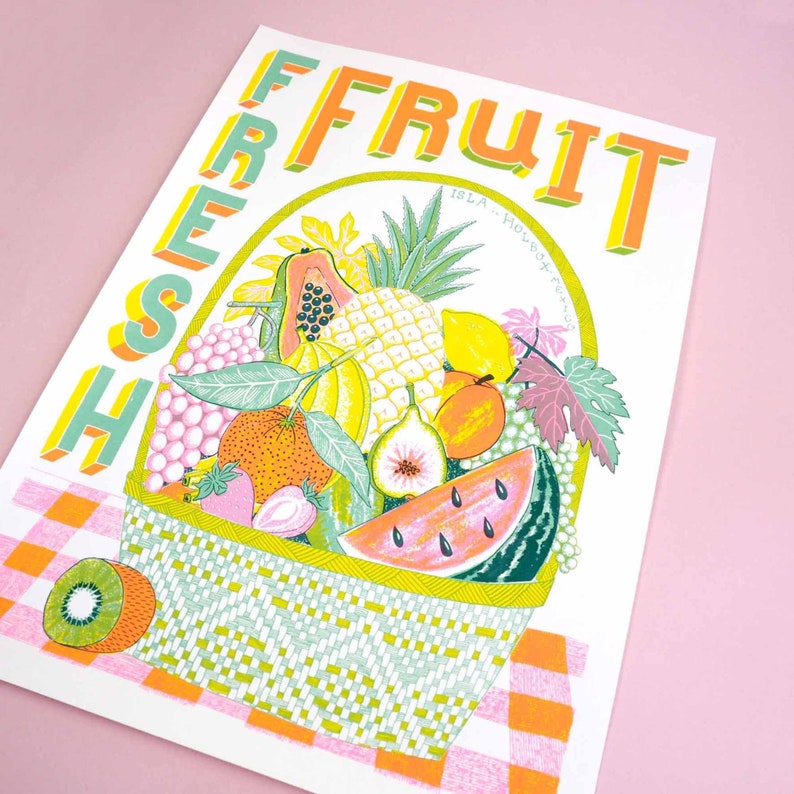 May include: A colorful illustration of a basket overflowing with fresh fruit. The basket is on a checkered tablecloth. The text "FRESH FRUIT" is written in a large, stylized font above the basket.
