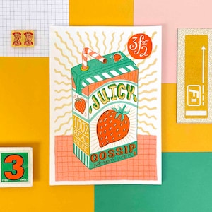 A5 Juicy Gossip, illustrated drinks carton, Risograph print