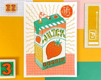 A5 Juicy Gossip, illustrated drinks carton, Risograph print