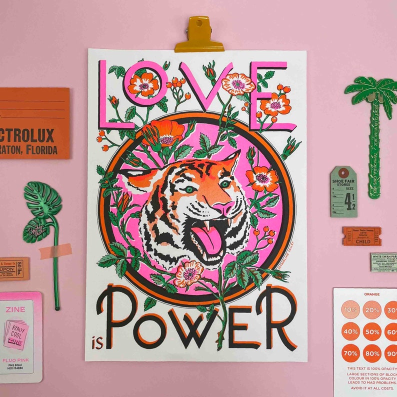 A3 Love is Power, Tiger Risograph Print image 1