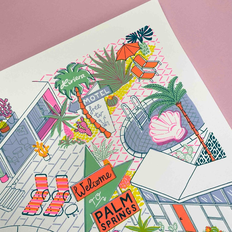 May include: A colorful illustration of a Palm Springs motel scene with a pool, palm trees, and a sign that says "Welcome to Palm Springs".