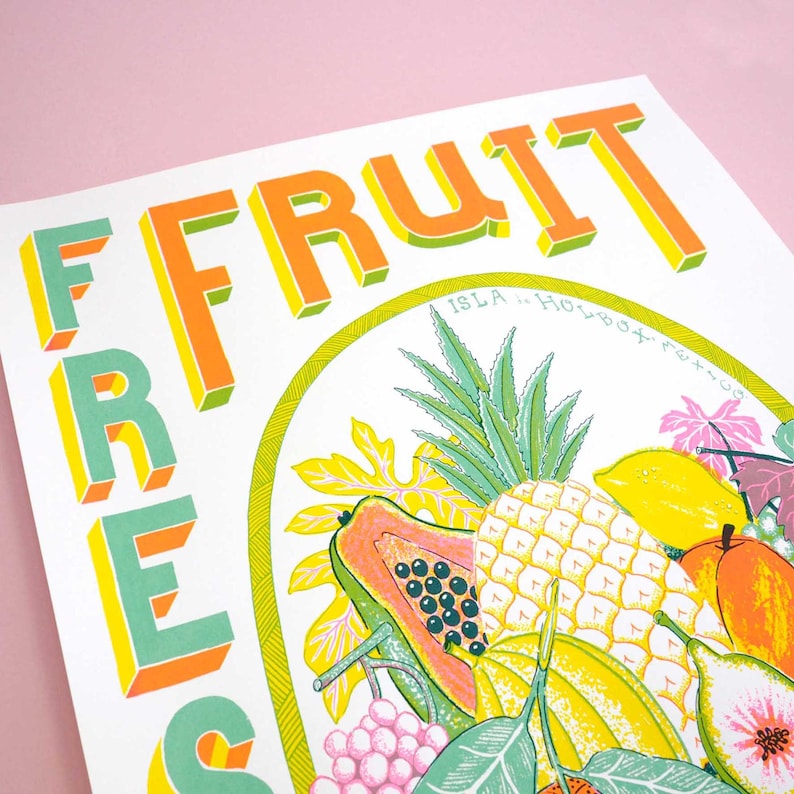 May include: A colorful poster with the text "FRESH FRUIT" in a retro style. The poster features a variety of tropical fruits, including pineapple, papaya, and mango, surrounded by green leaves.