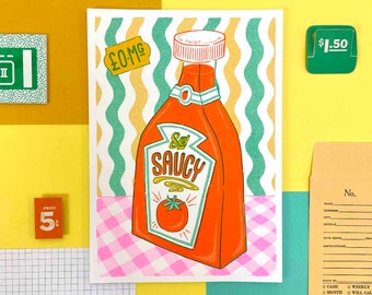 A5 'So Saucy' illustrated sauce bottle risograph print