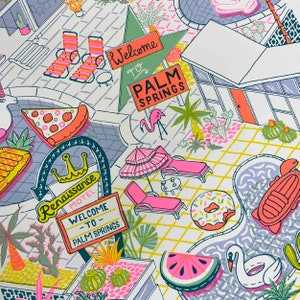 May include: A colorful illustration of a retro motel scene with palm trees, a pool, and a sign that says "Welcome to Palm Springs". The illustration is in a cartoon style and features bright colors and bold lines.