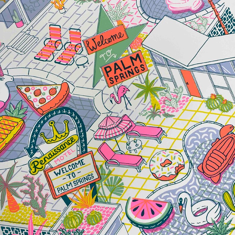 May include: A colorful illustration of a retro motel scene with palm trees, a pool, and a sign that says "Welcome to Palm Springs". The illustration is in a cartoon style and features bright colors and bold lines.