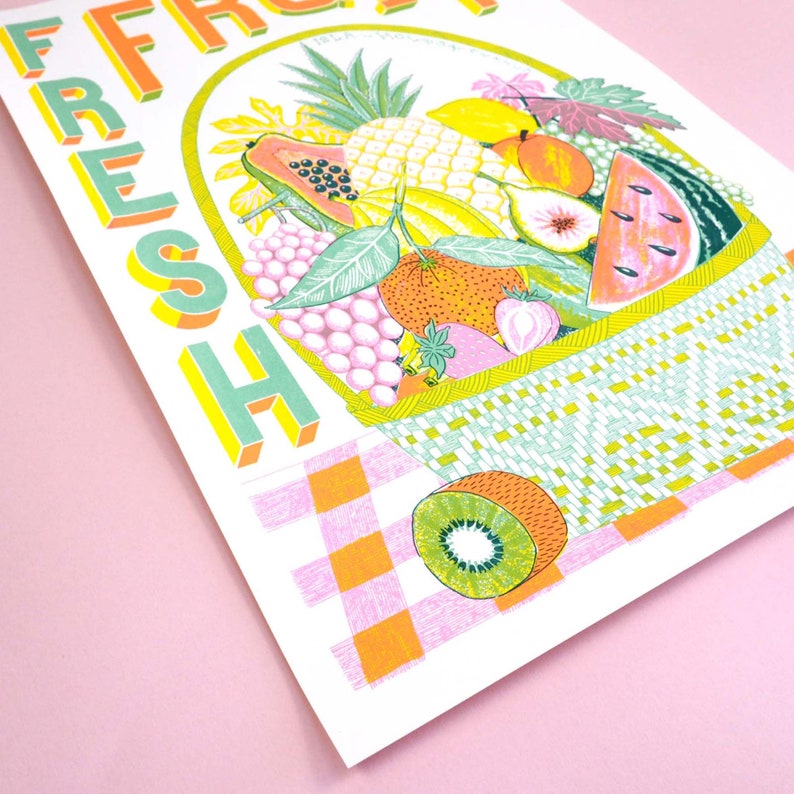 May include: A colorful illustration of a basket overflowing with fresh fruit, including watermelon, pineapple, papaya, grapes, kiwi, and strawberries. The word "FRESH" is written in large, stylized letters in the upper left corner of the image.