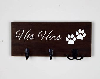 Leash Holder for Wall with His, Hers & Dog Paw Prints Key Rack for Entryway | Pet Decor | Hand Painted | Dog | Damage Free Wall Mounted
