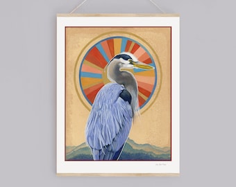 Heron and Decorative Sun Painting - Fine Art print reproduction from Watercolor Painting