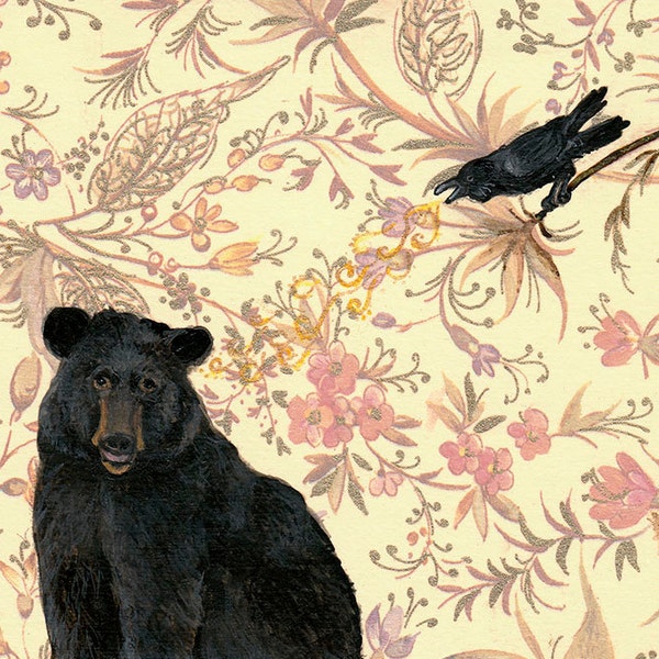 Black Bear & Crow "I Love Your Song" 5x5 Art Print Bird Artwork Painting