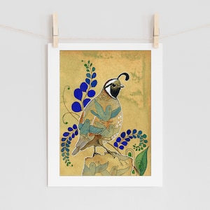 Meadowsong: Quail & Flying Birds - Decorative colorful bird art print from watercolor painting