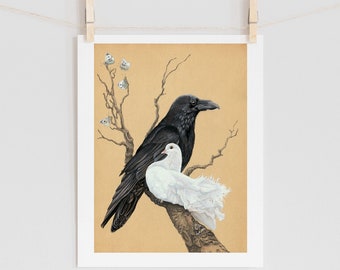 鳩とカラスのアートプリント：A2判ジクレー版限定版 - Etsy 日本
