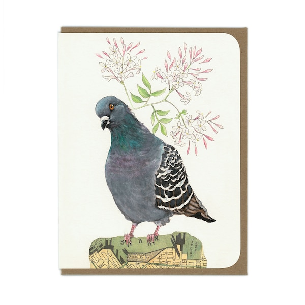 Greeting Card - Pigeon and Jasmine Flowers -  Blank Card