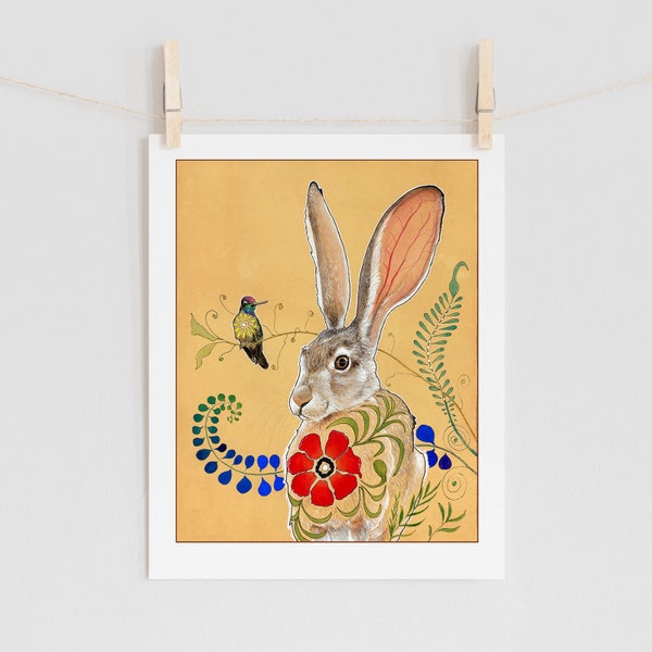 Schönes Herz: Jackrabbit und Kolibri - dekorative bunte Kaninchen Vogel Kunstdruck Aquarell