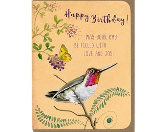 15 x 15 cms-Jane Gé Art Blue Hummingbird Happy Birthday Card