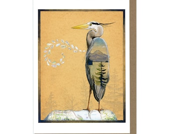 Greeting Card - Great Blue Heron and Mountain Lake Scene -  Blank Card