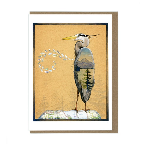 Greeting Card - Great Blue Heron and Mountain Lake Scene -  Blank Card