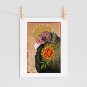 Turkey Vulture and Flower Watercolor Painting - Fine Art Print