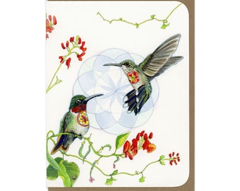 Greeting Card - Ruby-throated Hummingbirds and Flowers -  Blank Card