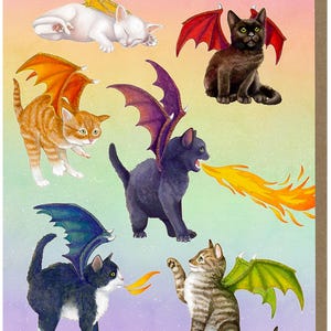 以下が含まれることがあります： ドラゴンウィングを持つ猫のイラストが描かれたグリーティングカード。猫は白、オレンジ、黒、トラ柄など様々な色で描かれており、翼は黄色、赤、紫、緑の色合いです。火を吹いている猫もいます。