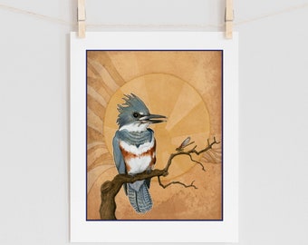 Belted Kingfisher and damselfly - 5x7+ bird art print from watercolor painting