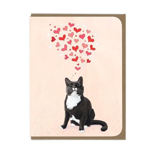 Tuxedo Cat with Hearts - Blank Greeting Card