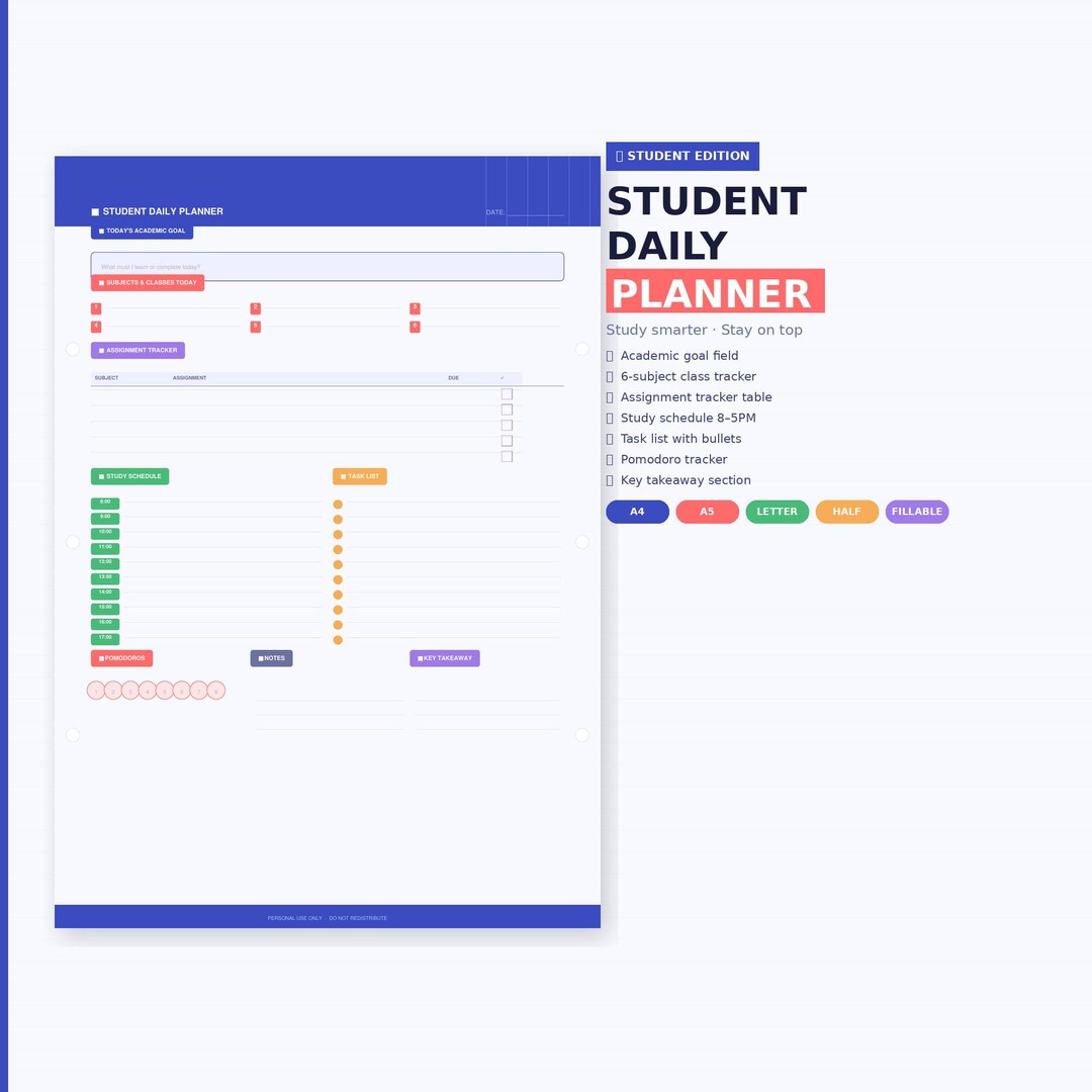 Student Daily Planner Printable PDF | Assignment Tracker Study Schedule ...