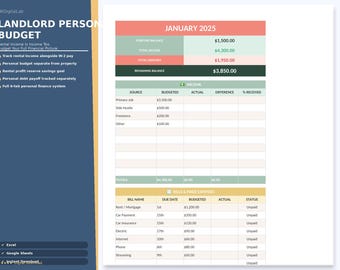 Landlord Personal Budget Spreadsheet | Track Rental Income Alongside Salary | Personal Finance Planner | Excel Google Sheets