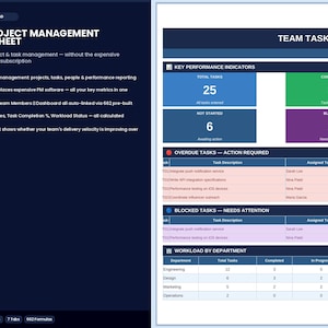 May include: A digital spreadsheet titled "TEAM PROJECT MANAGEMENT SPREADSHEET" with key performance indicators, overdue tasks, and workload by department. The spreadsheet is designed for project and task management.