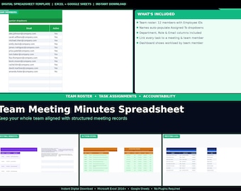 May include: Digital spreadsheet template for team meeting minutes. The image shows a green and white spreadsheet with sections for team members, meeting minutes, action items, and a meeting log. Includes features like auto-populating dropdowns and workload dashboards.