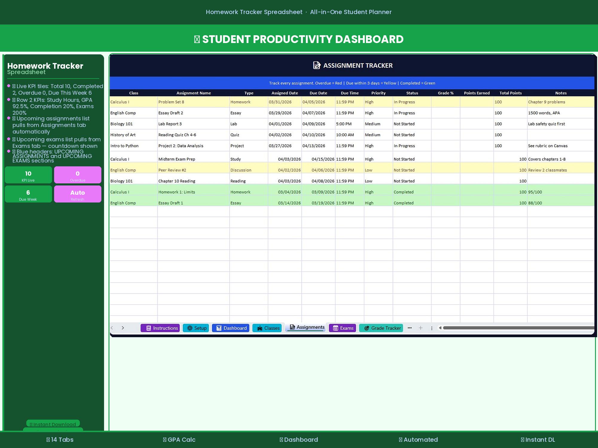 Homework Tracker Spreadsheet | Student Assignment Tracker | Study ...