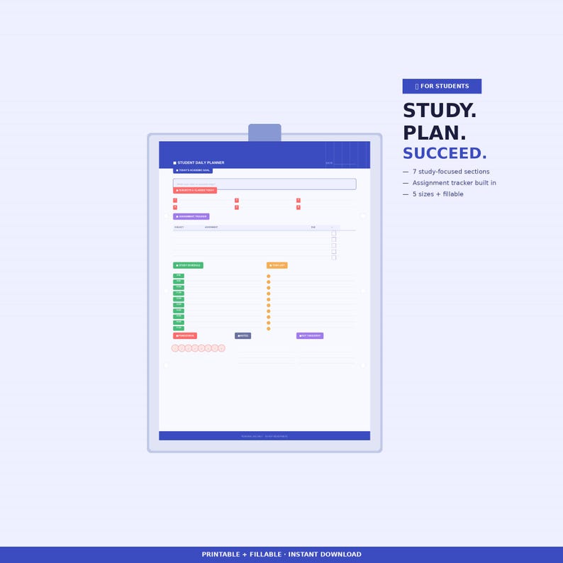 Student Daily Planner Printable PDF | Assignment Tracker Study Schedule ...