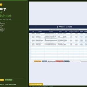 May include: A digital inventory planner spreadsheet with a dark green and white design. The spreadsheet includes sections for inventory, restock, and profit planning. The product catalog is visible, with columns for product details.