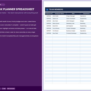 Peut inclure: Téléchargement numérique d'une feuille de calcul de planificateur de tâches d'équipe. Le document violet et blanc comprend une liste des membres de l'équipe avec l'ID de l'employé, le nom, le rôle et le département. Comprend des scores de santé, des badges de priorité et l'achèvement automatique.