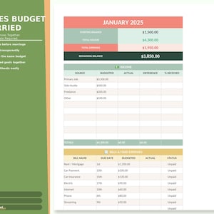 May include: A financial planning template titled "Couples Budget Unmarried" with sections for income, expenses, and remaining balance. The document includes a budget for January 2025, with categories for bills and fixed expenses.
