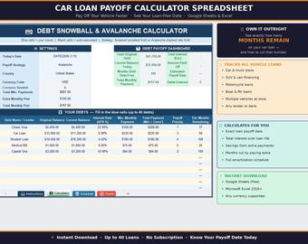Car Loan Payoff Calculator Spreadsheet | Vehicle Loan Tracker Google Sheets Excel | Auto Loan Payoff Planner | Loan Free Date Tool