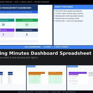 May include: A digital spreadsheet template for meeting management. The dashboard displays key performance indicators (KPIs) with live charts and task tracking. Includes 10 live KPI cards, 4 charts, and automatic updates. The text reads "Meeting Minutes Dashboard Spreadsheet."
