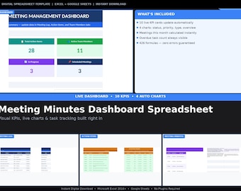 May include: A digital spreadsheet template for meeting management. The dashboard displays key performance indicators (KPIs) with live charts and task tracking. Includes 10 live KPI cards, 4 charts, and automatic updates. The text reads "Meeting Minutes Dashboard Spreadsheet."