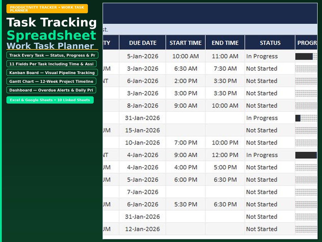 Task Tracking Spreadsheet | Work Task Planner Template | Productivity ...