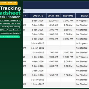 Puede incluir: Una hoja de cálculo digital titulada "Task Tracking Spreadsheet Work Task Planner" con un encabezado verde y amarillo. La hoja de cálculo incluye columnas para las fechas de vencimiento, las horas de inicio y finalización y el estado.