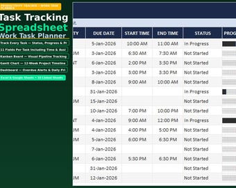 Task Tracking Spreadsheet | Work Task Planner Template | Productivity Tracker | Excel Google Sheets