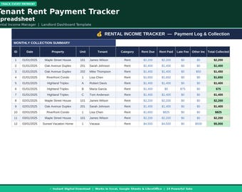 Tenant Rent Payment Tracker Spreadsheet | Rental Income Manager | Landlord Dashboard Template