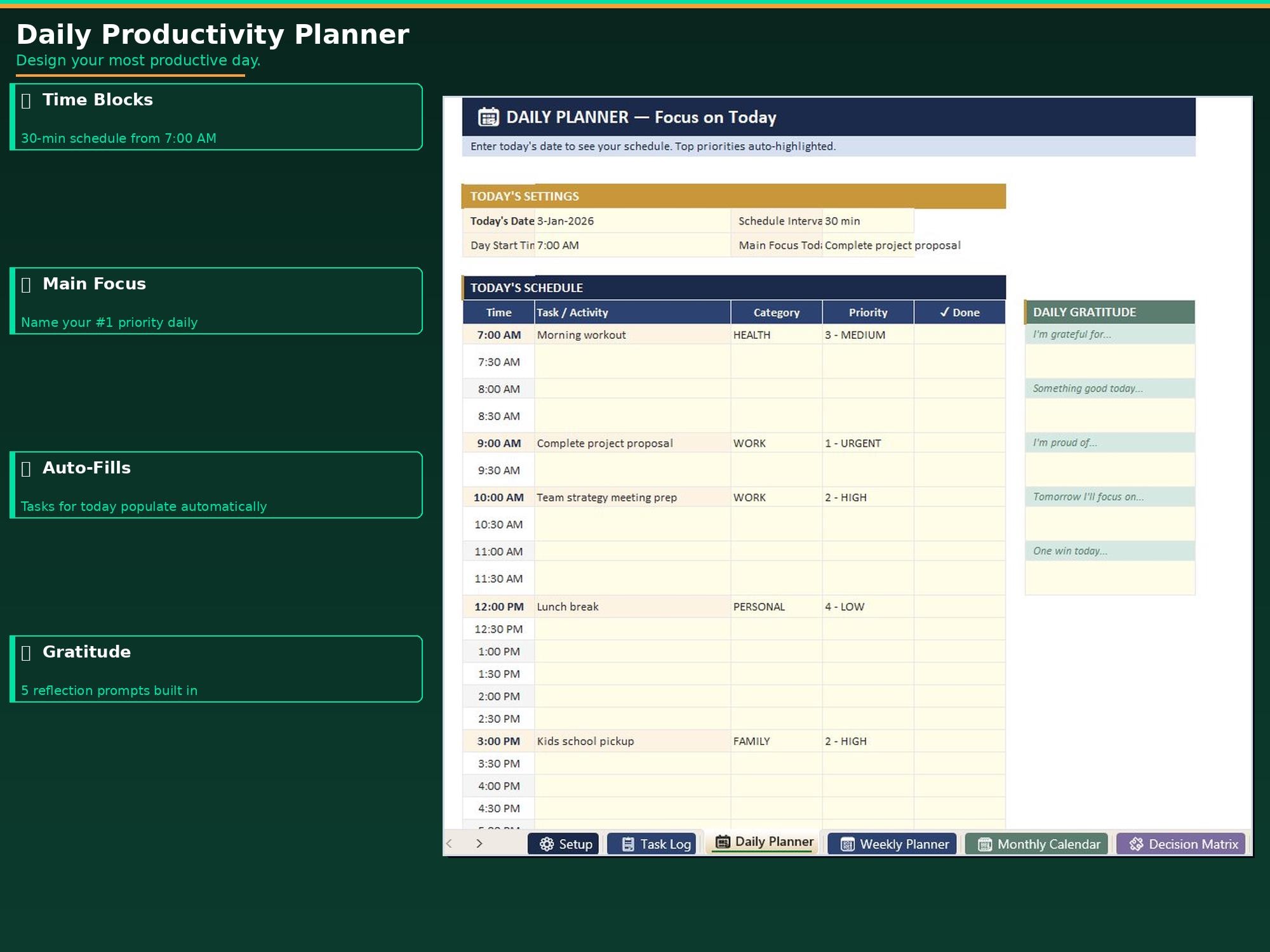 Daily Productivity Planner Spreadsheet | Task Management Dashboard ...